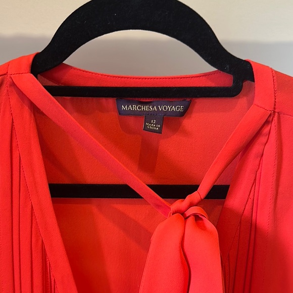 Vibrant Red Marchesa Voyage Women's Button Up Blouse with Neck Tie - Picture 2 of 5